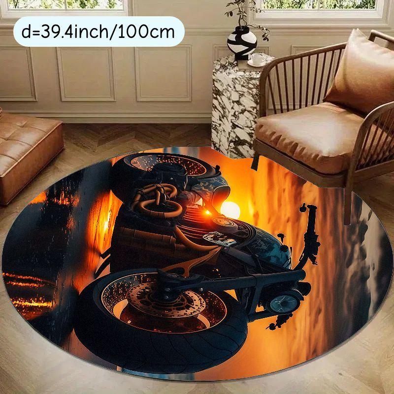 Steampunk Motorcycle Sunset RoundRug Flannel Artistic Floor Mat Industrial Style HomeDecor Soft Non Slip Washable Carpet for Man