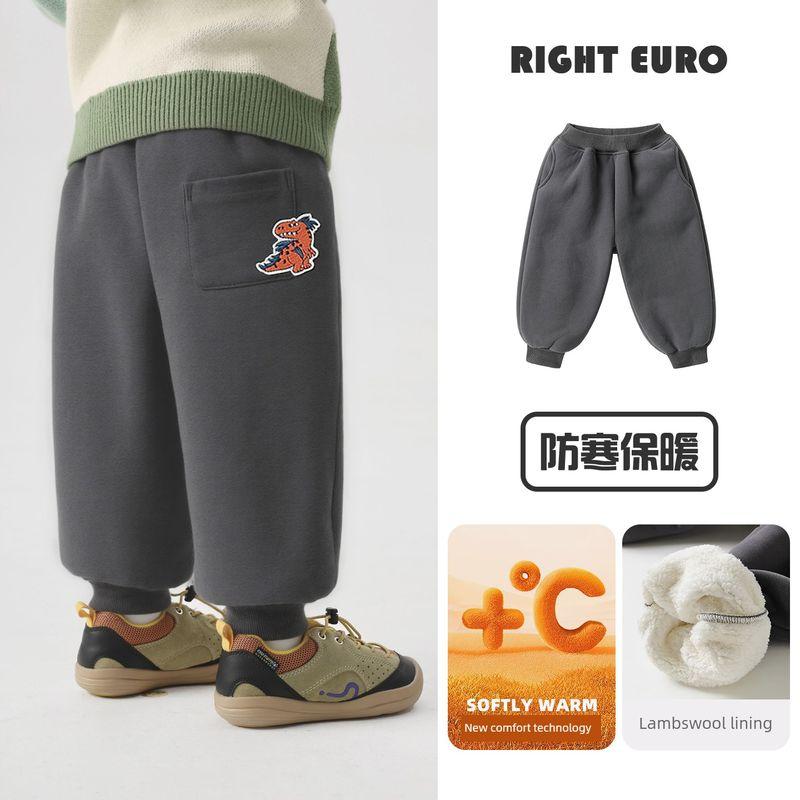Right European Style Boys' Mountain-Themed Cartoon Fleece-Lined Sports Pants, Casual Thickened Knitted Sweatpants, Children's Winter Clothing Trendy
