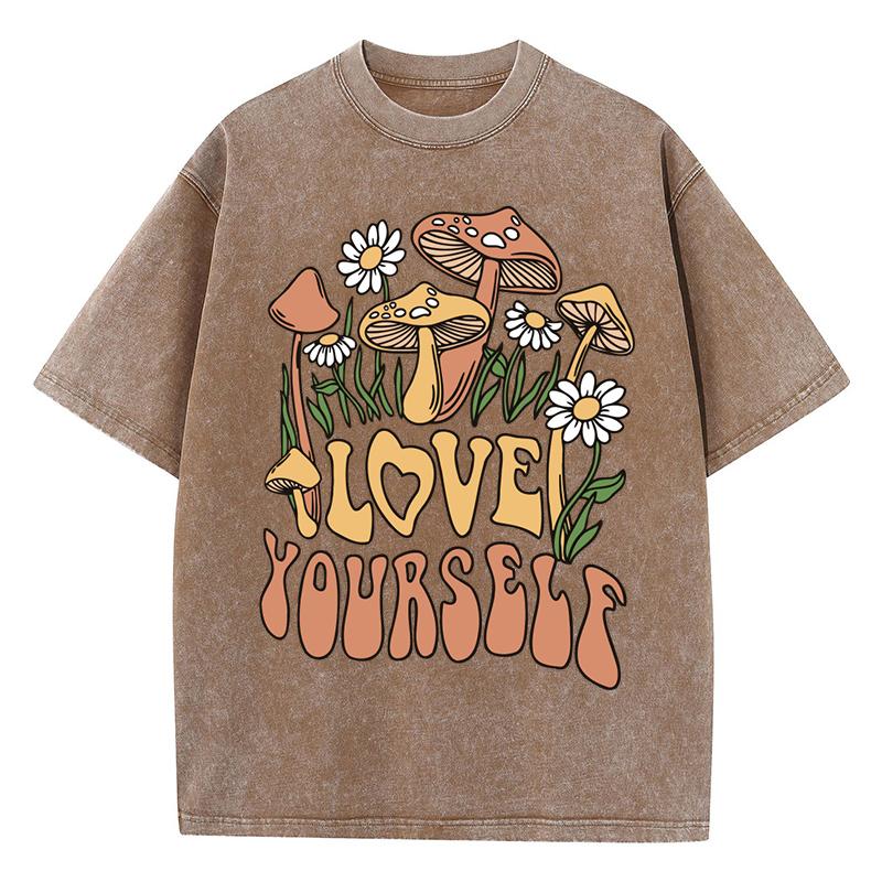 Love Yourself Mushrooms Flowers Printed Women Washed T Shirt Summer Cotton T-Shirts Loose Y2K Clothe Crewneck Short Sleeves