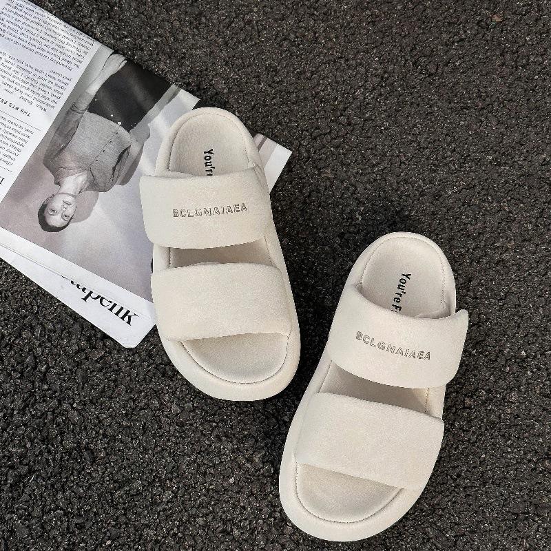 Sheepskin Version of One-word Slippers for Women's Summer Wear Velcro Thick-soled New Versatile Bread Cool Slippers
