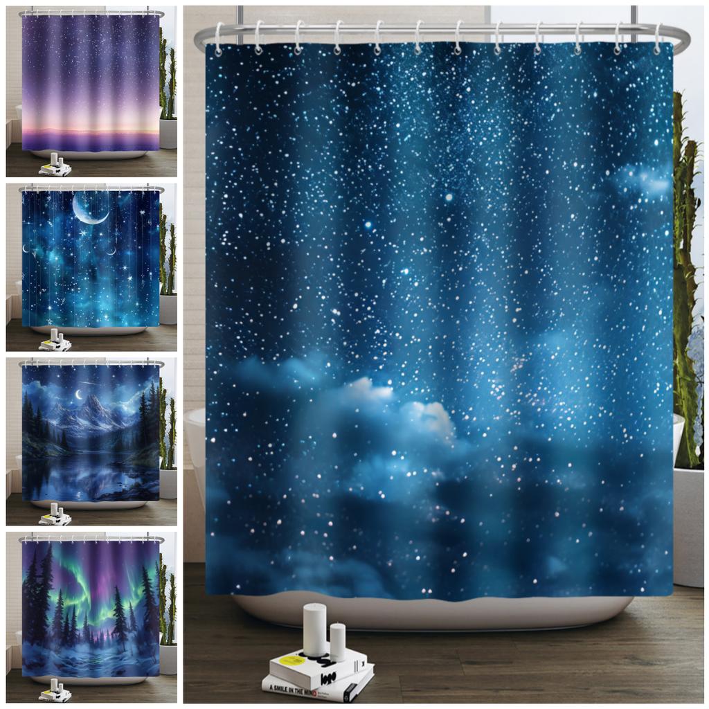 Dreamy Starry Sky Theme Modern Bathroom Curtain Aurora Planet Galaxy Moon Waterproof Polyester Shower Curtain Decor With 12 Hook