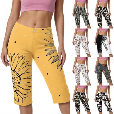 Damen Capri-Hose mit hohem Bund, knielang, geometrisches Muster, lockere Passform, Knopfverschluss, weicher Stoff, für den täglichen Gebrauch