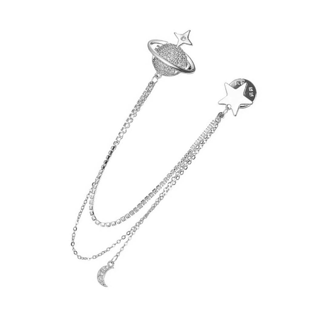 Sophisticated Crystal Moon Planet Lapel Pin Adornment for Men Rhinestone Collar Accessory with Hanging Chain Brooch