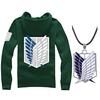 Attack On Titan Hoodie + Basement Key Necklace 3-Piece Set Survey Corps Wings Freedom Cosplay Costume (M Green)
