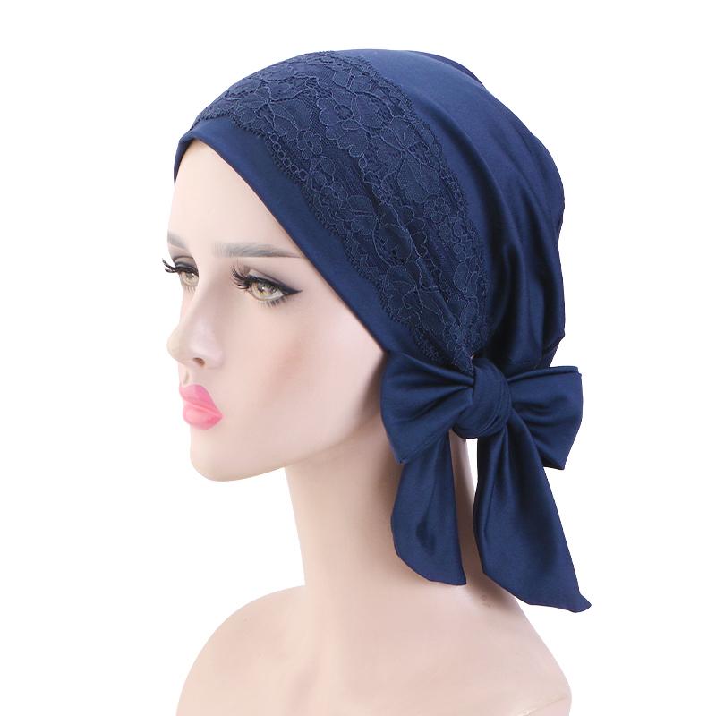 

Women Muslim Solid color long tail Lace Headscarf Hat Chemo Hat breathable base cap Innovative Design Hijab Caps One Size