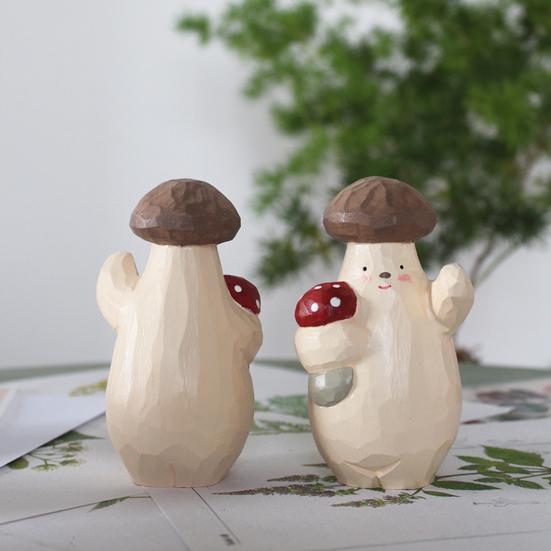 Wooden Mushroom Figurine Hand-Carved Mushroom Elf Holding A Balloon Rustic