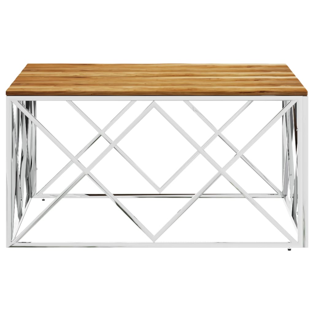  Coffee Table, Silver, Stainless Steel and Solid Acacia Wood