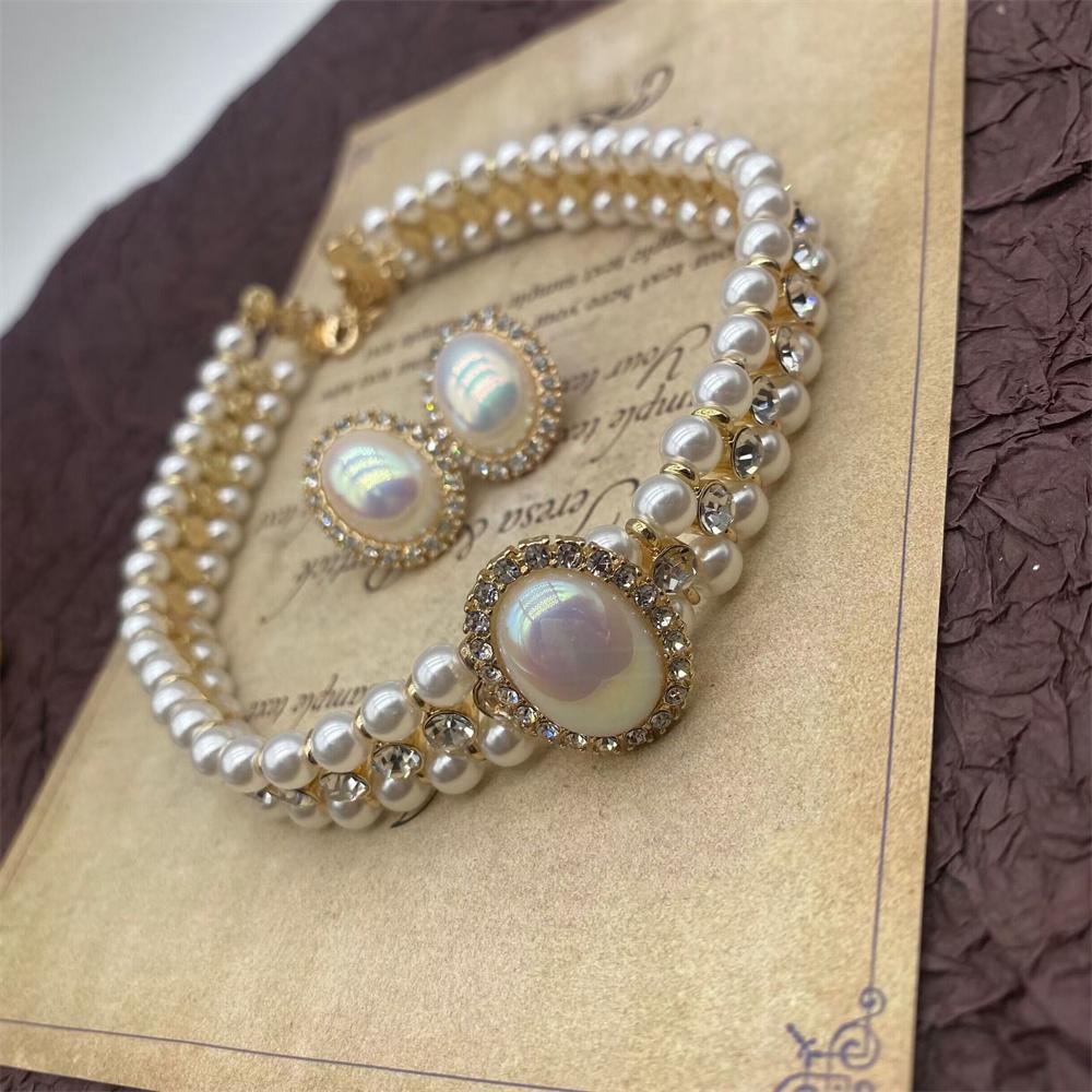 Women Elegant Pearl Double Layers Necklace Earrings Exquisite Vintage Classic Chains For Lady Party Wedding Retro Jewelry Choker