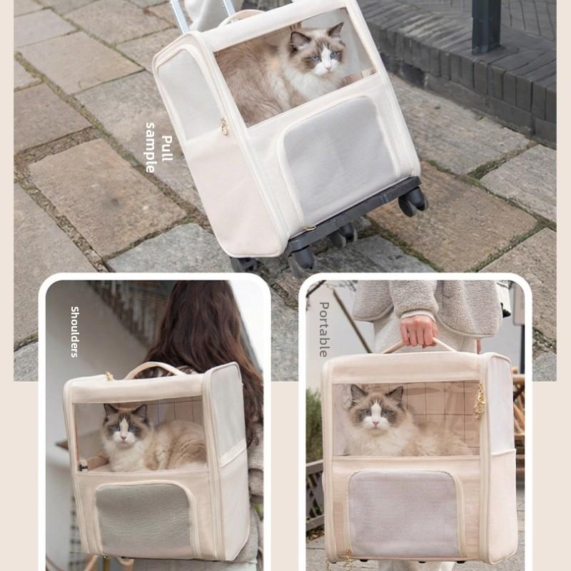 Portable Breathable Cat Carrier Foldable Detachable Pet Trolley Bag Large Capacity Rolling Crate for Travel Lightweight Suitcase