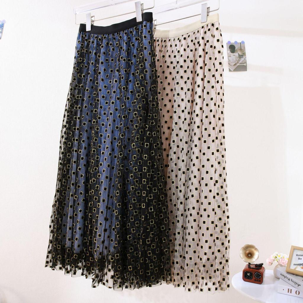 Dames Fluwelig Gaas Hoge Taille Rok - Lente/Herfst 2025 Middellange Gelaagde Rok