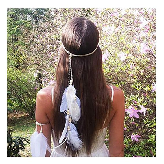 Set of 2 Women Lady Bohemian White Peacock Feather Headband Headdress and Armband Hippie Headpiece Headwear Handmade Tribal Indian Fascinator Feather