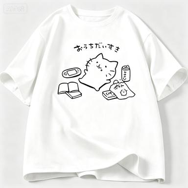 Japanese Style No Plan Cat Print Tshirt For Unisex Wounisex Funny Cotton Short Sleeve Summer Loose Tshirt Kawaii Kitty Cat Lover Tees