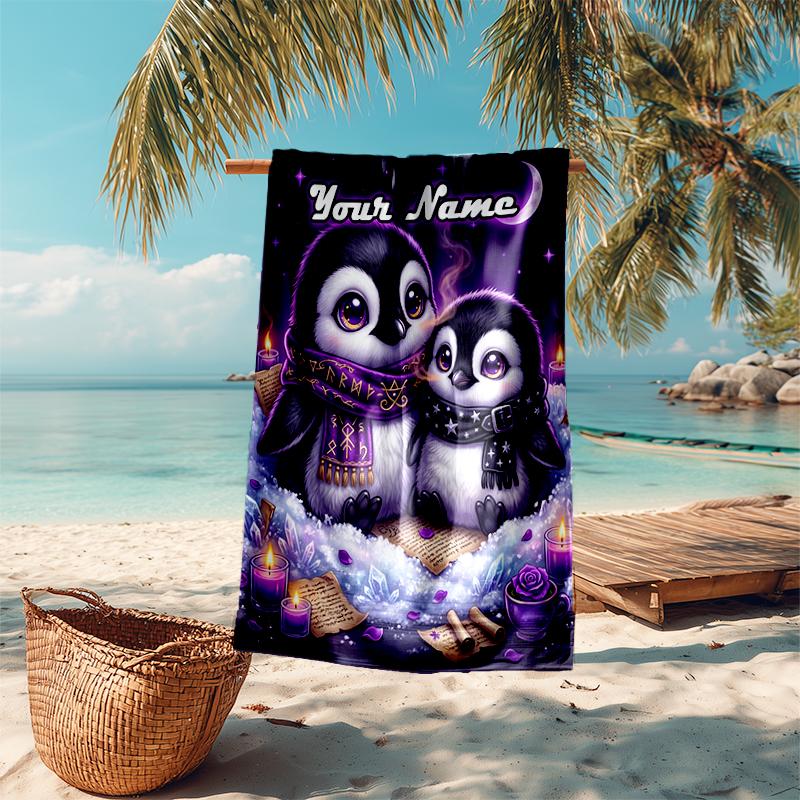 1PC Custom Name Penguin Friends Winter Night Beach Towel Highly Absorbent And Sand-Resistant Towel for Swimming, Pool, Yoga, And Travel Lightweight
