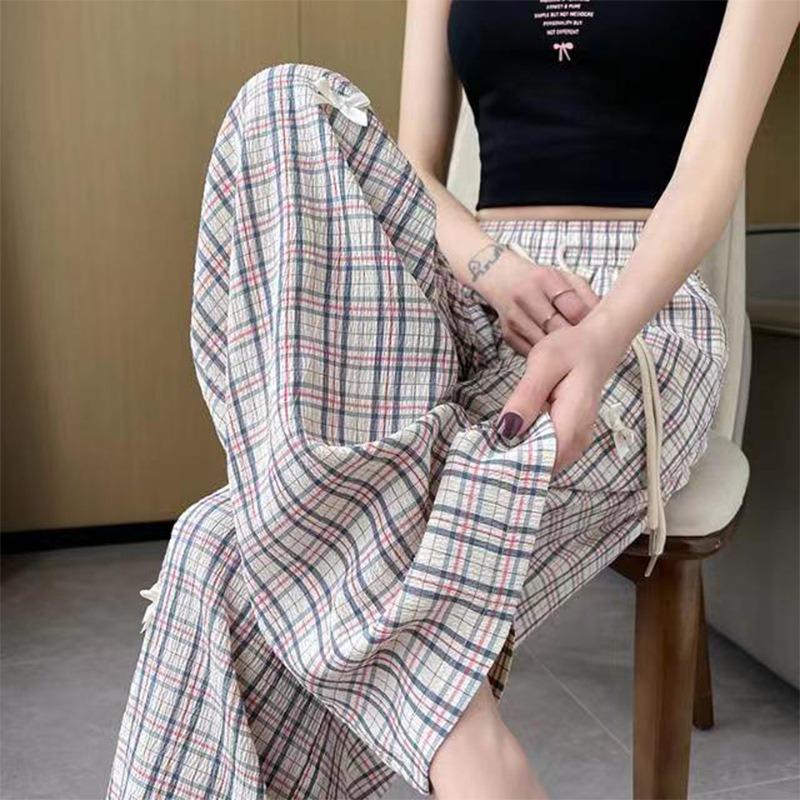 Women's Patchwork Color Contrast Plaid Loose Mopping Casual Fashion Wide Leg Pants