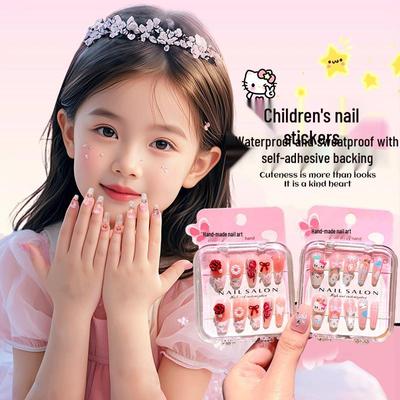 Dětské dlouhé samolepky na nehty k nošení s želé lepidlem - Roztomilé, svěží a odnímatelné nail art pro dívky