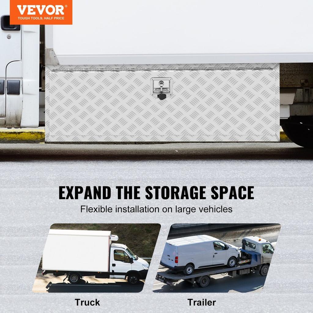 Underbody Truck Box, 48"×17"×18" Pickup Storage Box, Heavy Duty Aluminum Diamond Plate Tool Box with Lock and Keys, Waterproof Trailer Storage Box