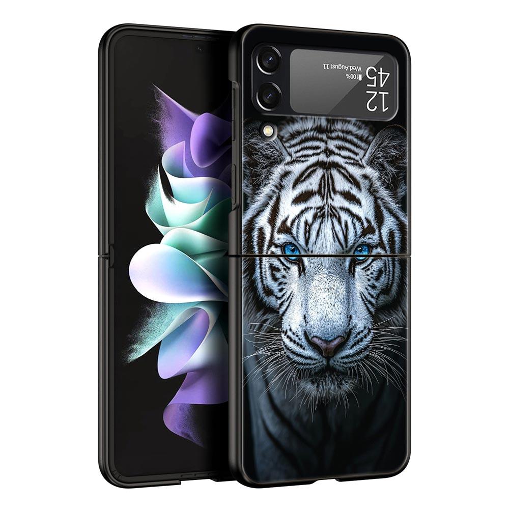 Phone Case for Samsung Galaxy Z Flip 3 4 5 6 7 Folding Black Shell For Samsung Z Flip4 Flip5 PC Hard Cover Animal White Tiger