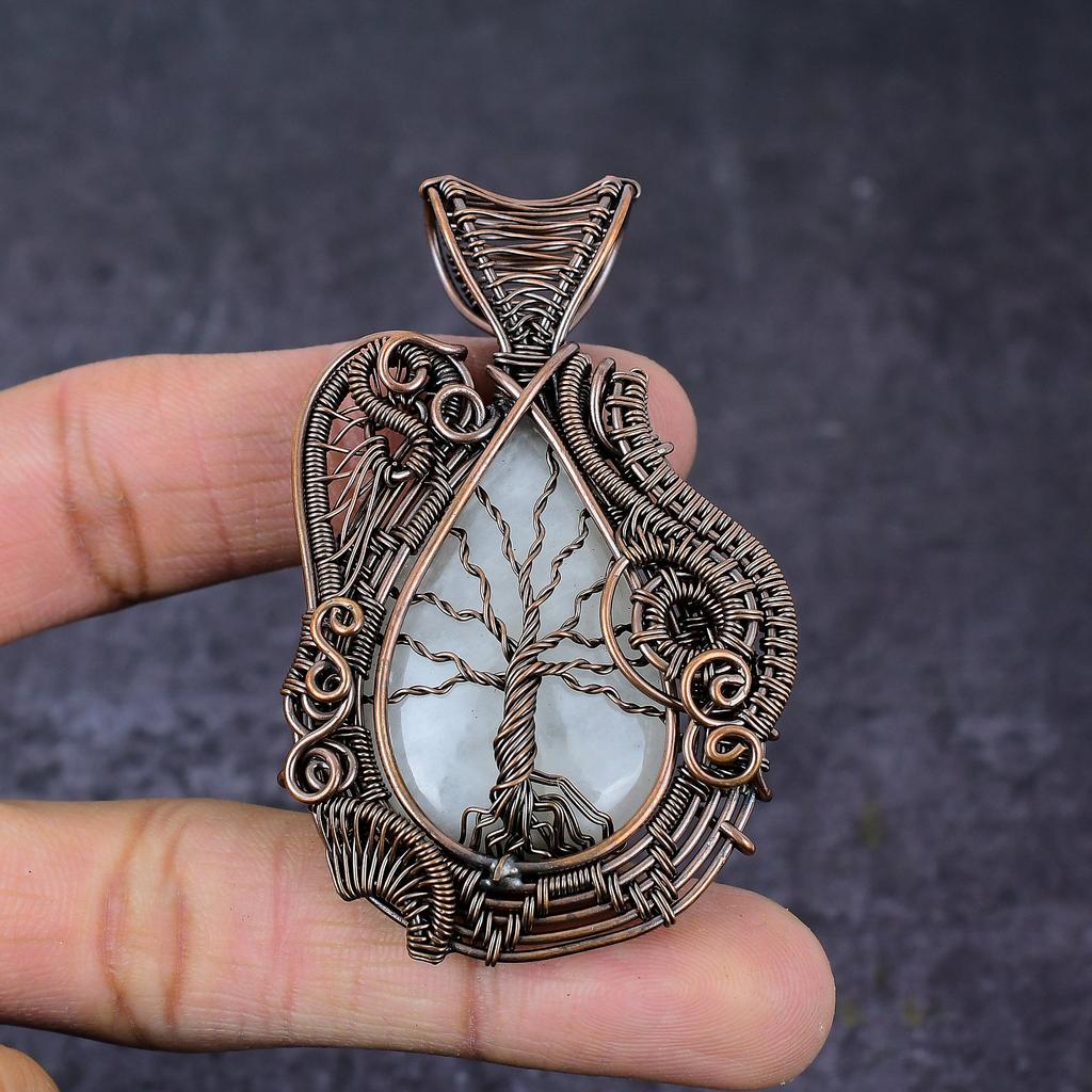 Natürlicher Regenbogen-Mondstein, Kupferdraht, Wickelanhänger Lebensbaum, 7 cm, S4F40