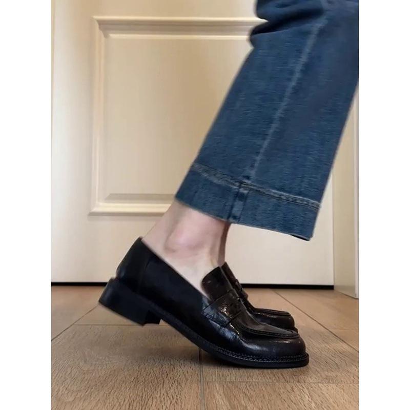 Cowhide version~ leather round head retro small leather shoes women's British style black platform lazy single shoes thick heel loafers