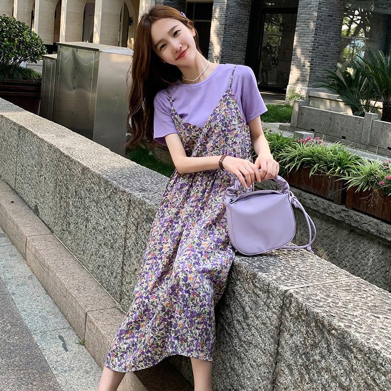 Splicing Print Dress Fake Two-piece Chiffon Summer Short-sleeved Medium and Long Dress Maternity Dress