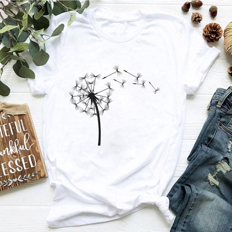 Women's dandelion floral print letter t-shirt - Trendy women's T-shirt with short sleeves Summer polyester fabric
