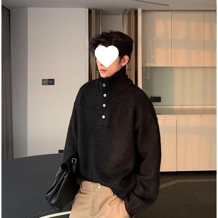2025 Men's Korean Style High Neck Wool Sweater - Autumn/Winter Knitted Loose Fit