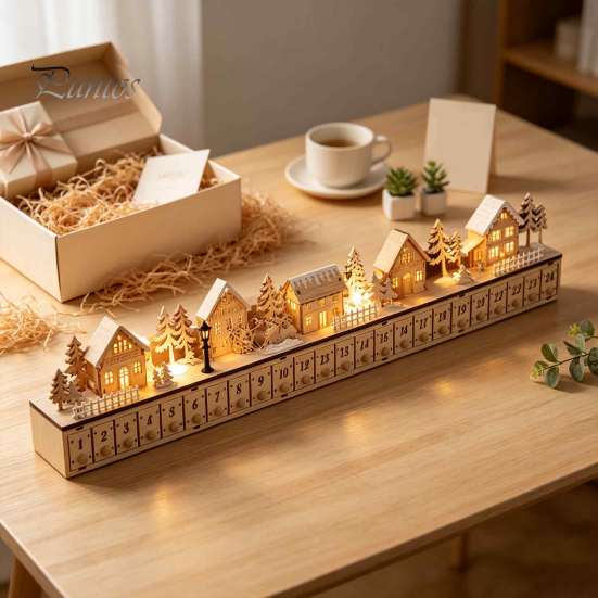 Holiday Countdown Calendar with Drawers Light-Up Wooden Christmas Village Advent Calendar, 24 Illuminated Snowy Cabin Display LED Lighted Scene