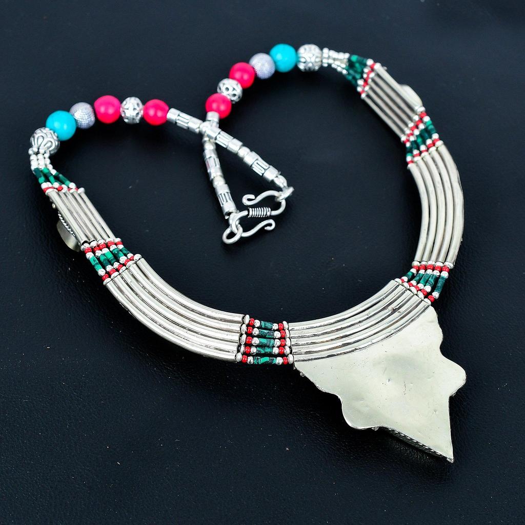 Turquoise, Coral 925 Sterling Silver Necklace Tibetan Silver Necklace Bohemian Antique Necklace Handmade Jewelry Nepali Necklace Gift For Wife