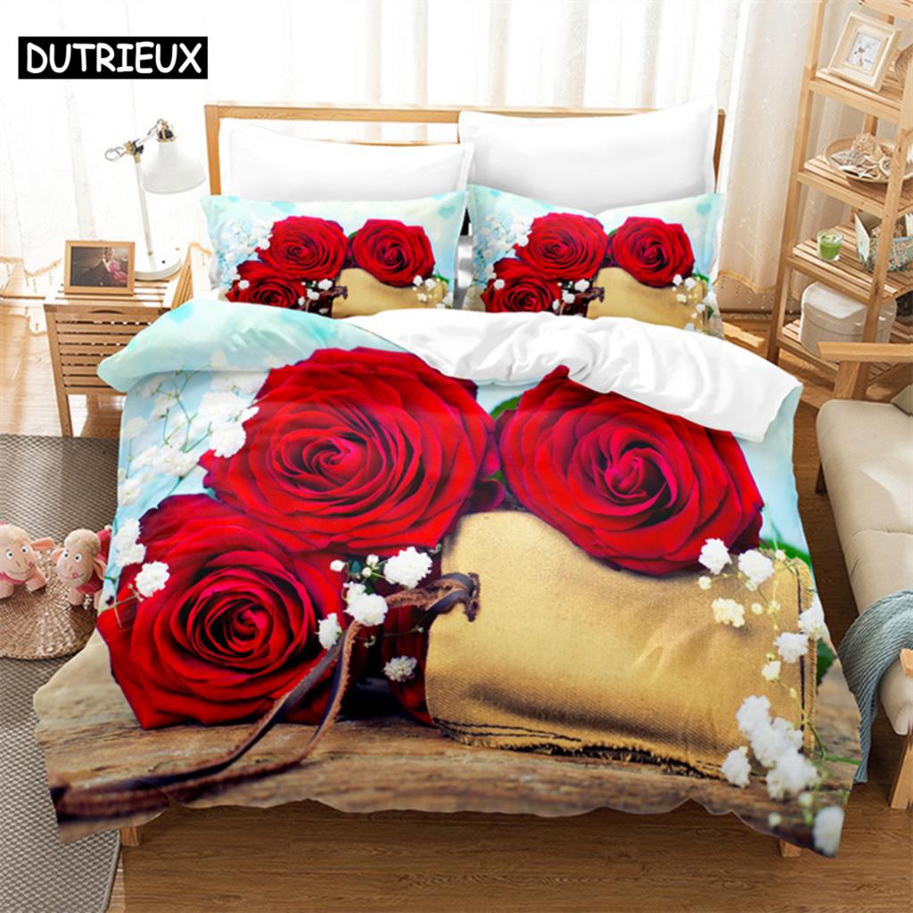 Lussuoso Set Letto Matrimoniale Rosa Rossa Set Copripiumino Set Biancheria da Letto Piumone Set Biancheria da Letto Biancheria da Letto King Size Copripiumino Set Biancheria da Letto