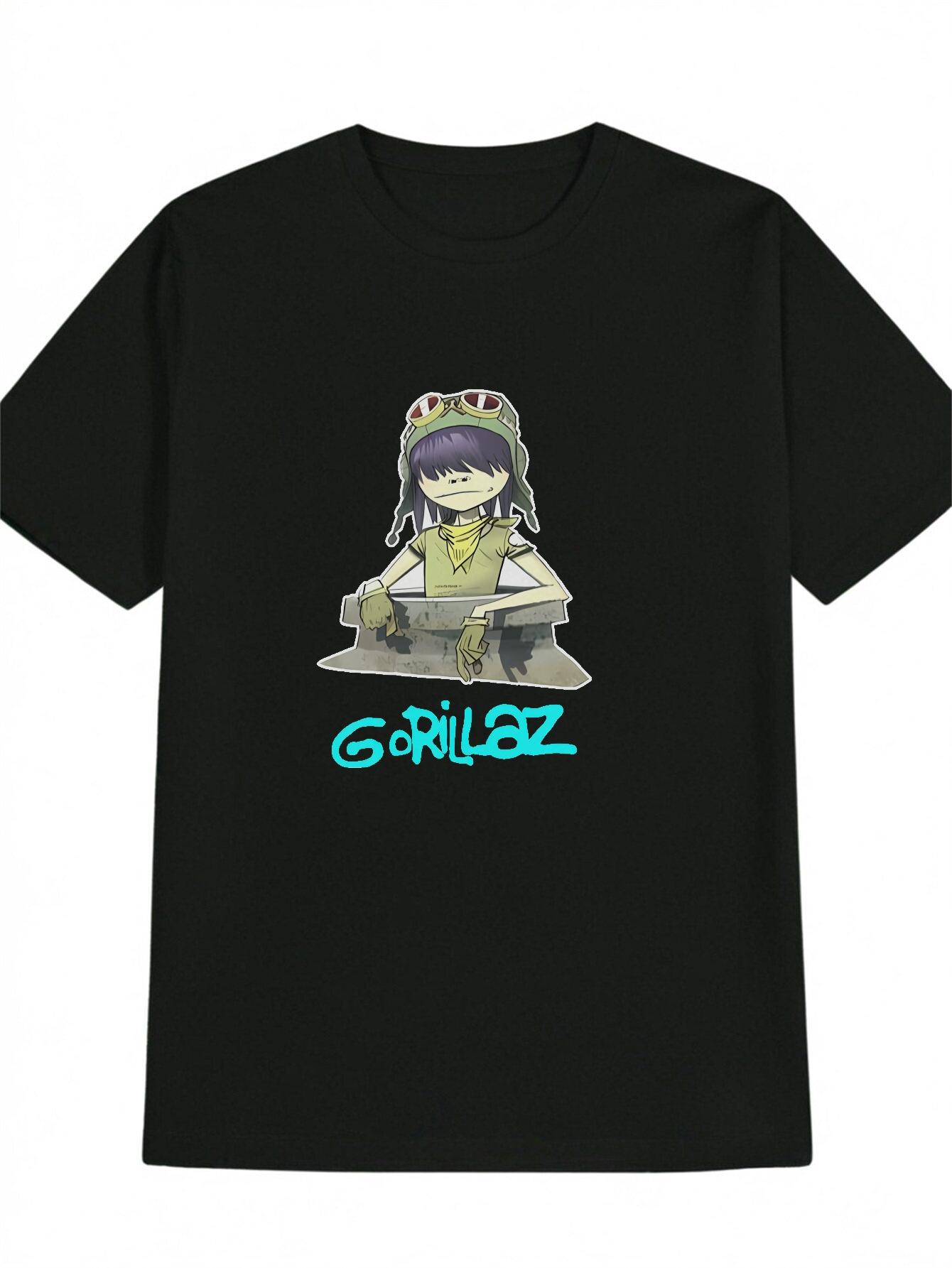 Casual Graphic T-shirt with Cartoon Character & Green Pilot Fashion Glasses Print - Black Round Neck Summer Tee S