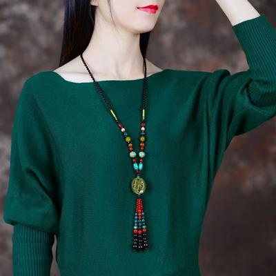 GemChic Damen-Halskette mit klassischem ethnischem Keramik-Perlen-Quasten-Anhänger, Vintage, verstellbare lange Kette, Schmuckgeschenk für Geburtstag und Weihnachten