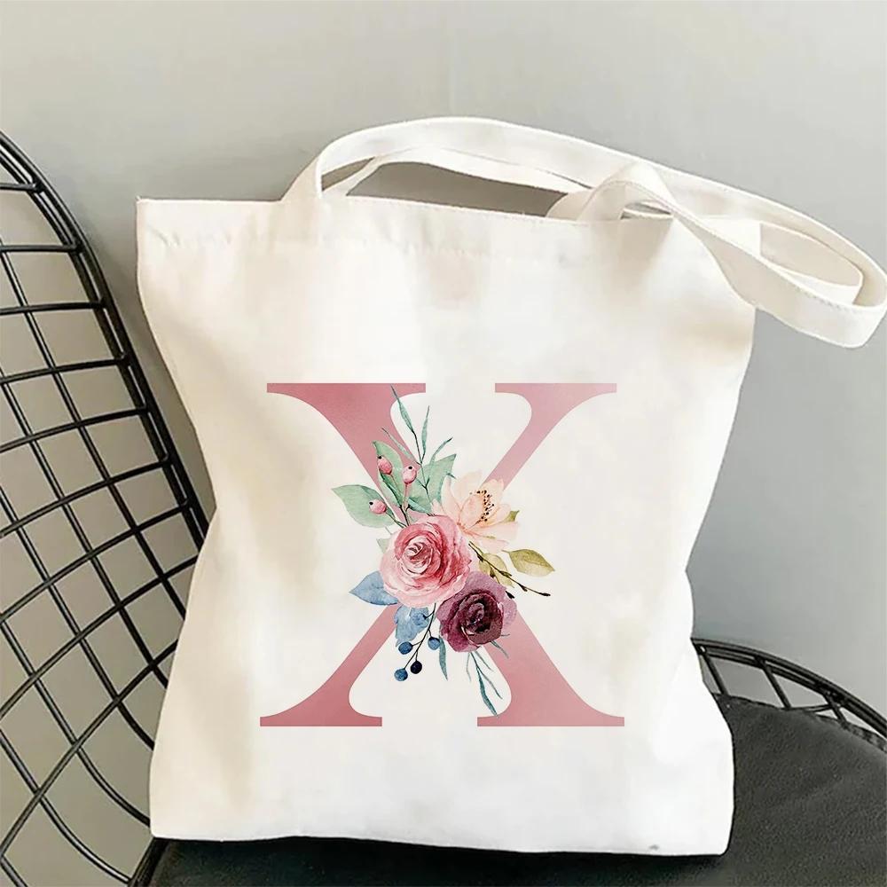Blumen Alphabet A-Z Damen Einkaufs-Tragetaschen Canvas Große Kapazität Studenten Toilettenartikel Organizer Lässige Tragetasche Buchstaben-Taschen Geschenk