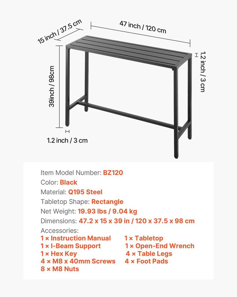 Outdoor Bar Table, 120 X 37.5 Cm Patio Bar Table, Waterproof Top & Sturdy Metal Frame, Rectangle Counter Height Dining Tables, Outdoor Furniture for