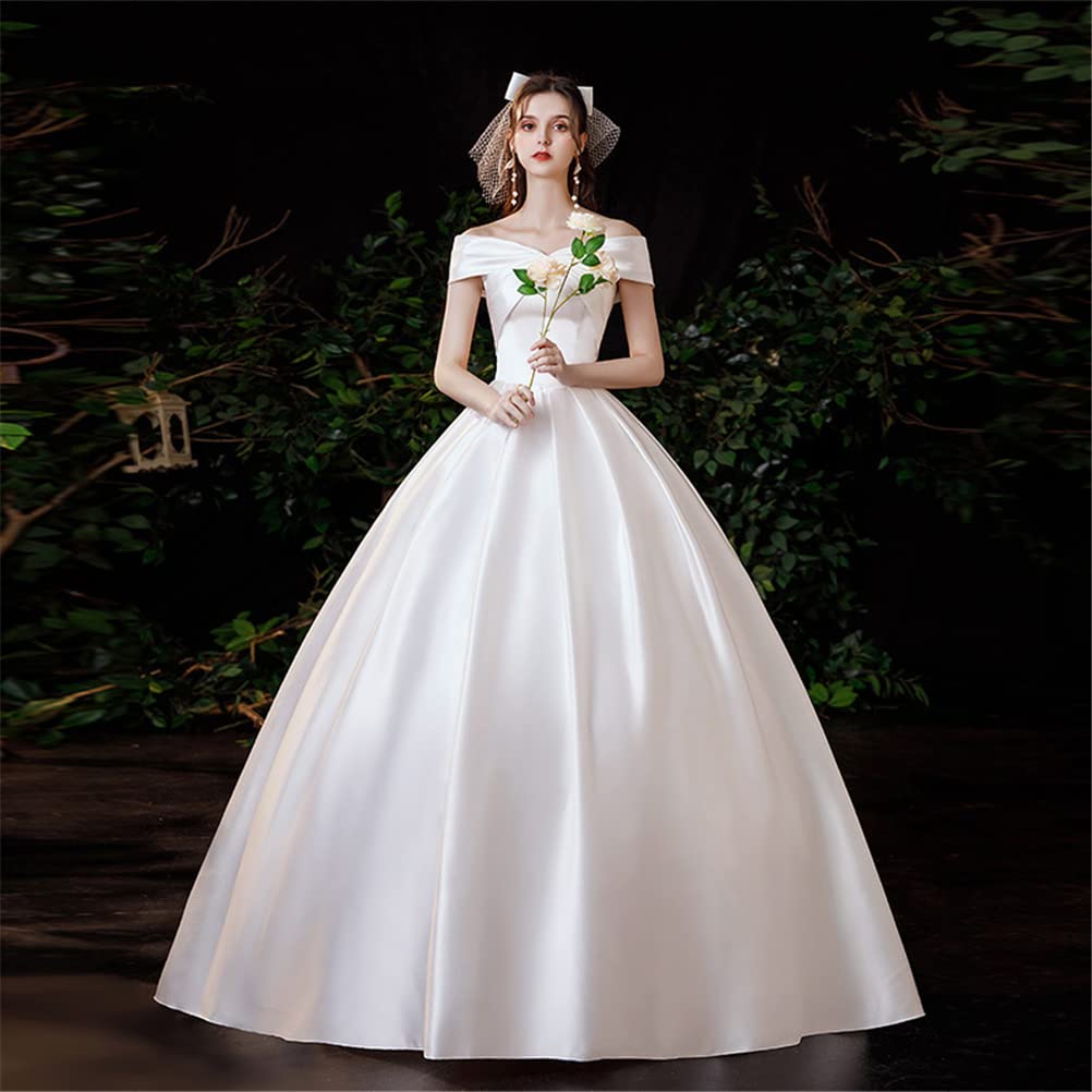 JINZUOMA Satin Wedding Dress with Back Elegant and Formal for and Other Occasions Size Women's Off-the-Shoulder Ribbon, Weddings, Concerts, (White, M)