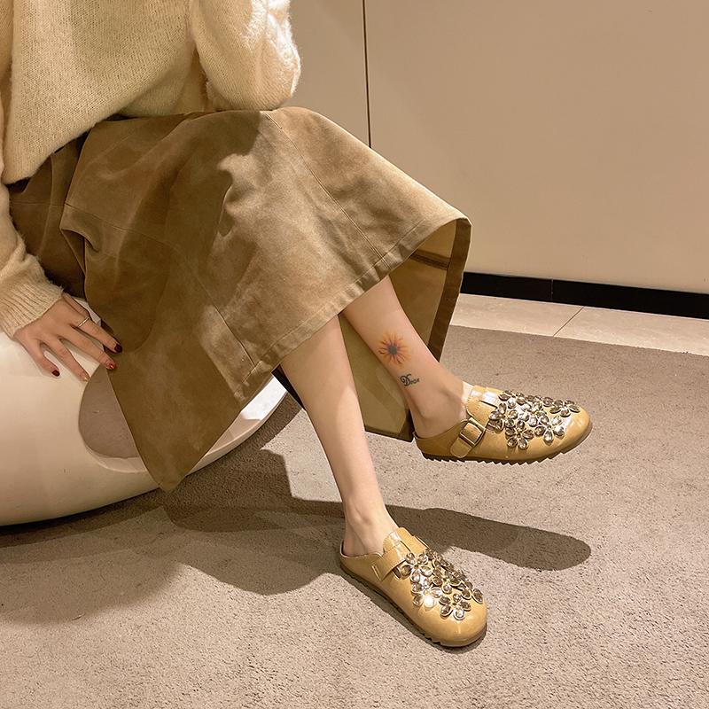 Fashion Flat Shoes Women Fashion Round Head Shallow Mouth Rhinestone Flower Soft Sole Anti-slip Wear-resistant Slippers
