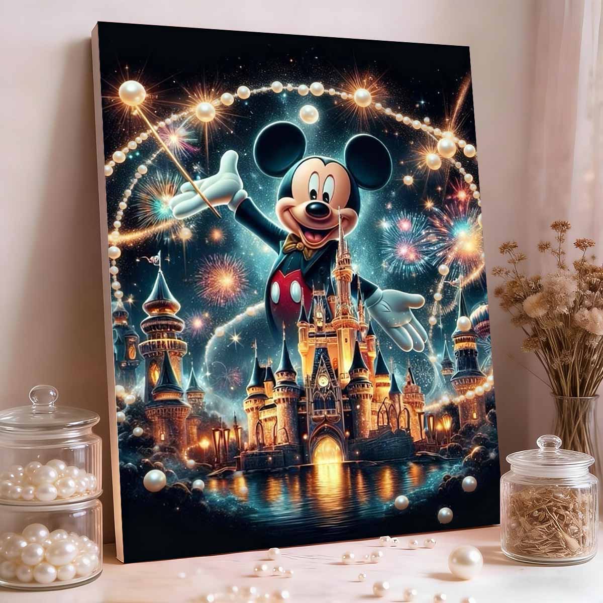 Classic Mickey Castle Fireworks Themed Pearl Diamond Painting Disney Fantasy Night Scene Pearl Inlay Craft Painting 35x45cm