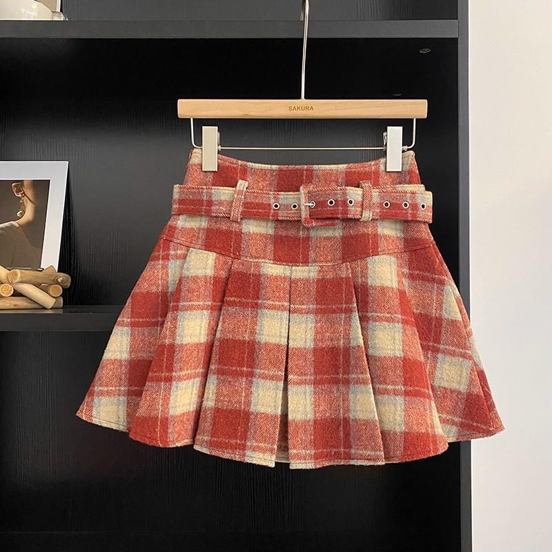Women s Retro Plaid Wool Blend High Waist Pleated Skirt - Autumn/Winter Academy Style A-Line Short Skirt 3XL (139-150 lbs)