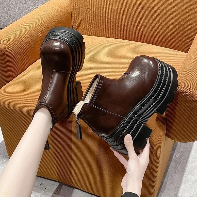 Fashion 10CM New Women Winter Chunky Ankle Snow Boots High Platform Fur Shoes Wedge Heels Plush Warm Short Boots Leather Chelsea Botas
