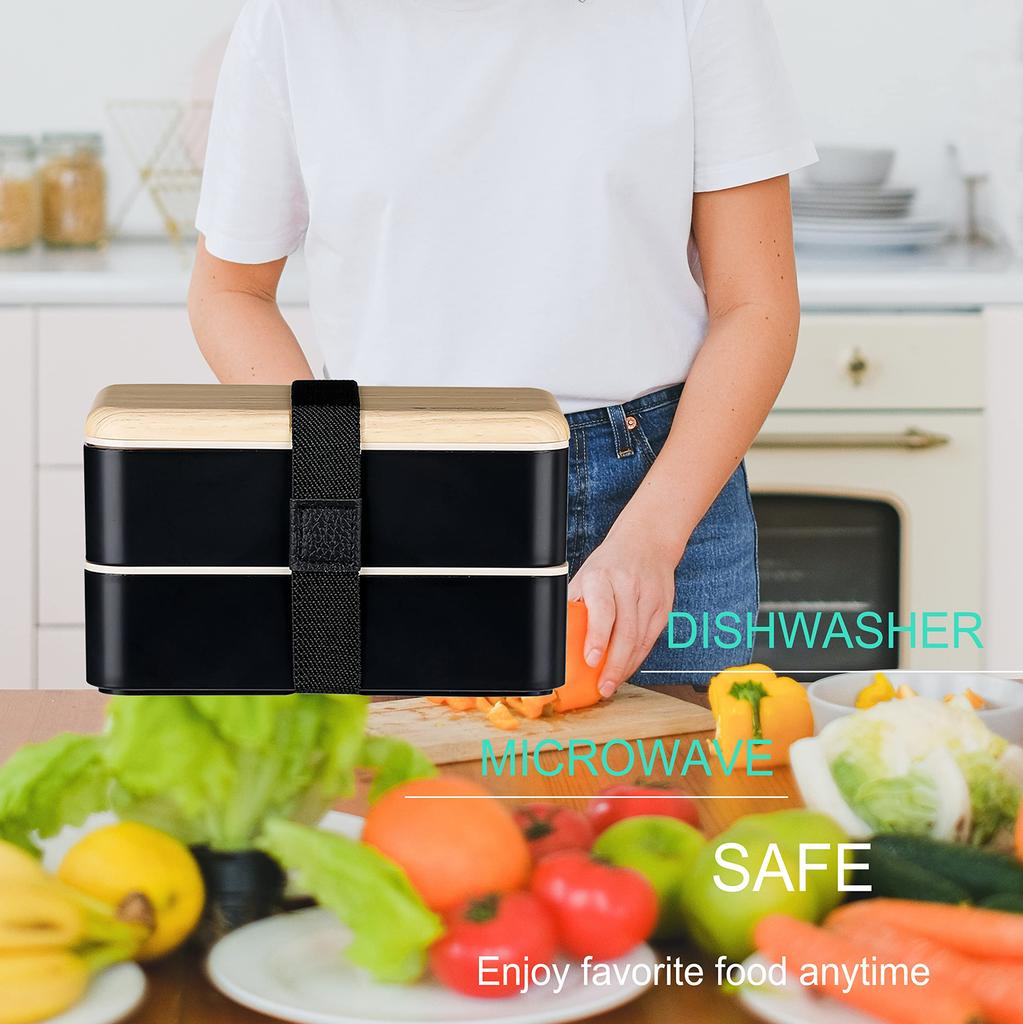 Original Bento Lunch Box Japanese Style 2 Layer Food Container with Utensils Spoon and Fork Bundle Dividers Salad Box Unisex (Black)