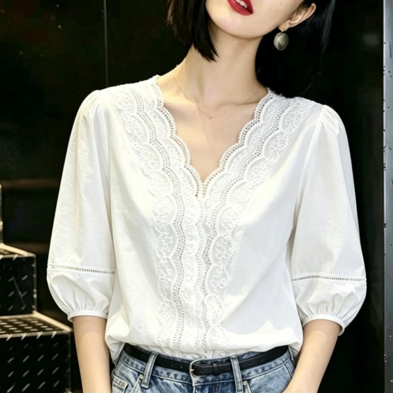 Women French Style Hollow Lace V Neck Lantern Sleeve Elegant Commute Shirt S белый