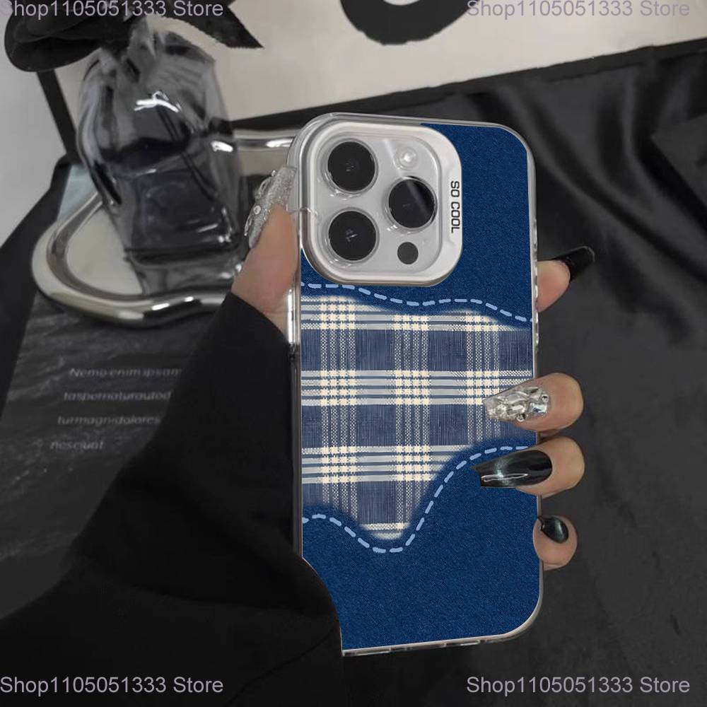 Ins Korean Blue Striped Grid Phone Case For iPhone 17,16,15,14,13,12,Pro,XS,Max,Plus,Mini,SE White Candy Matte Shockproof Cover