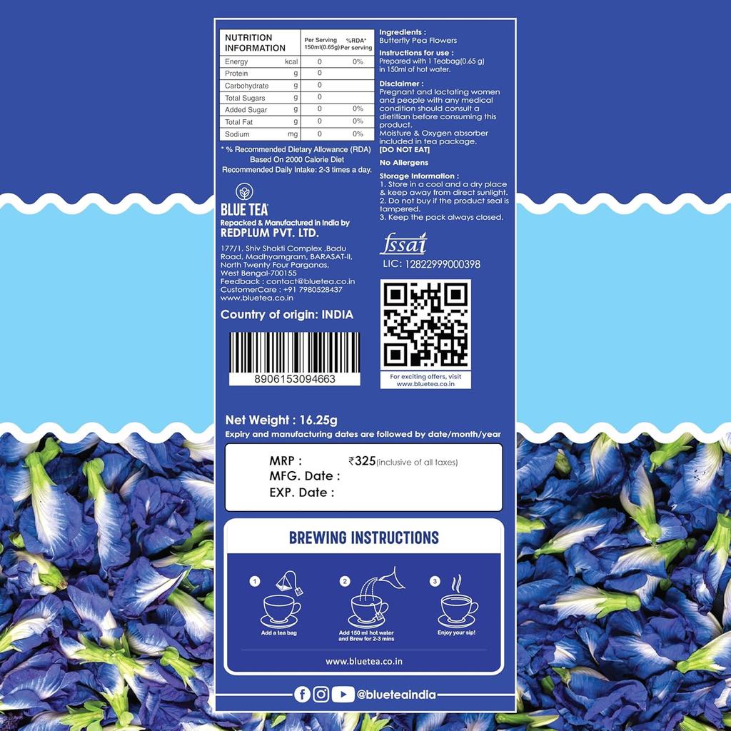 BLUE TEA - Butterfly Pea Flower Tea - 25 Tea Bags - Plant Based | Weight Management | Aparajita - Shankhpushpi | Caffeine Free - Herbal Tea