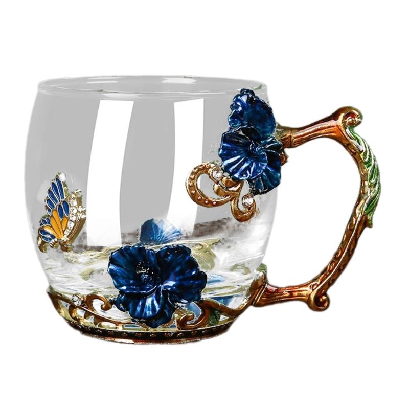 Emaille Glas Tassenset Muster Glas Tasse mit Löffel Emaille Tasse Milch Zitrone Blume Schmetterlinge Tasse