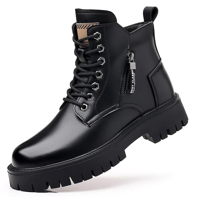 Men's high top winter plush warm cotton boots medium top leather shoes British style work clothes new snow short boots