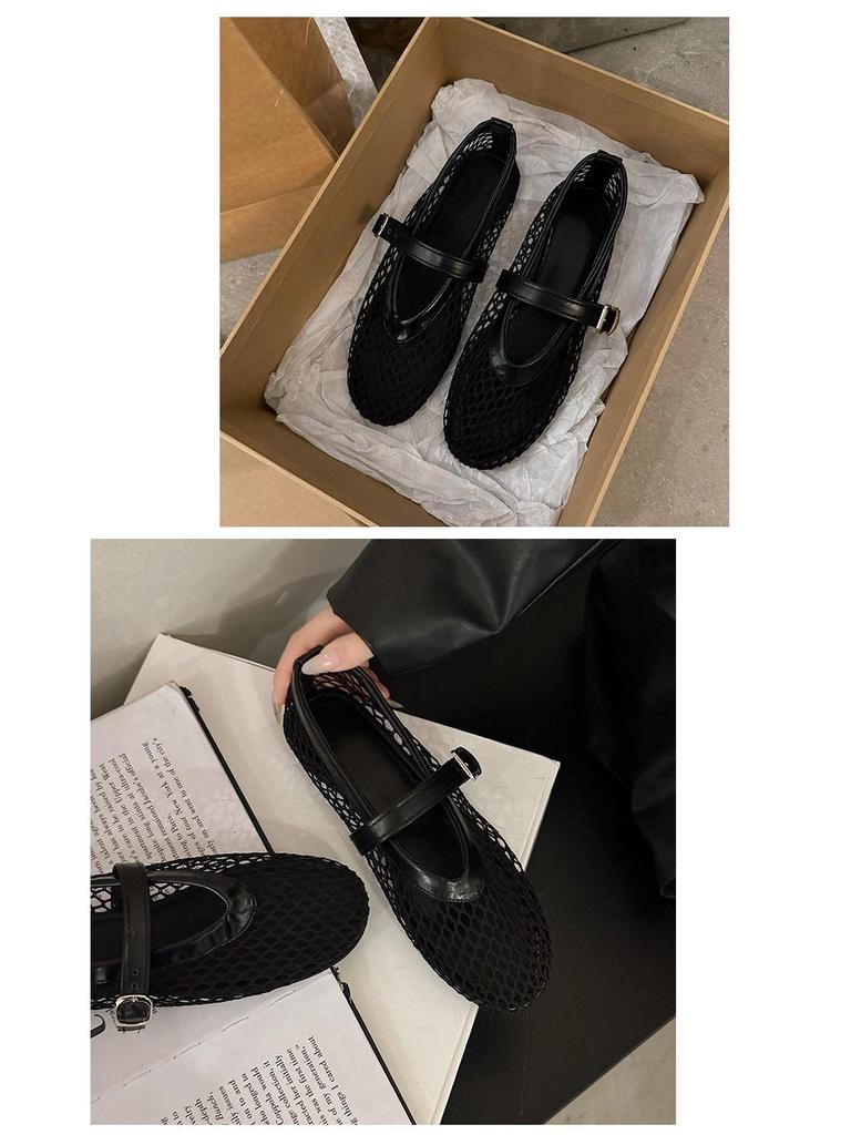 Damen Frühling Runde Zehenpartie Mesh Schnalle Mary Jane Ballerinas - Bequeme Ballett Fischernetz Schuhe