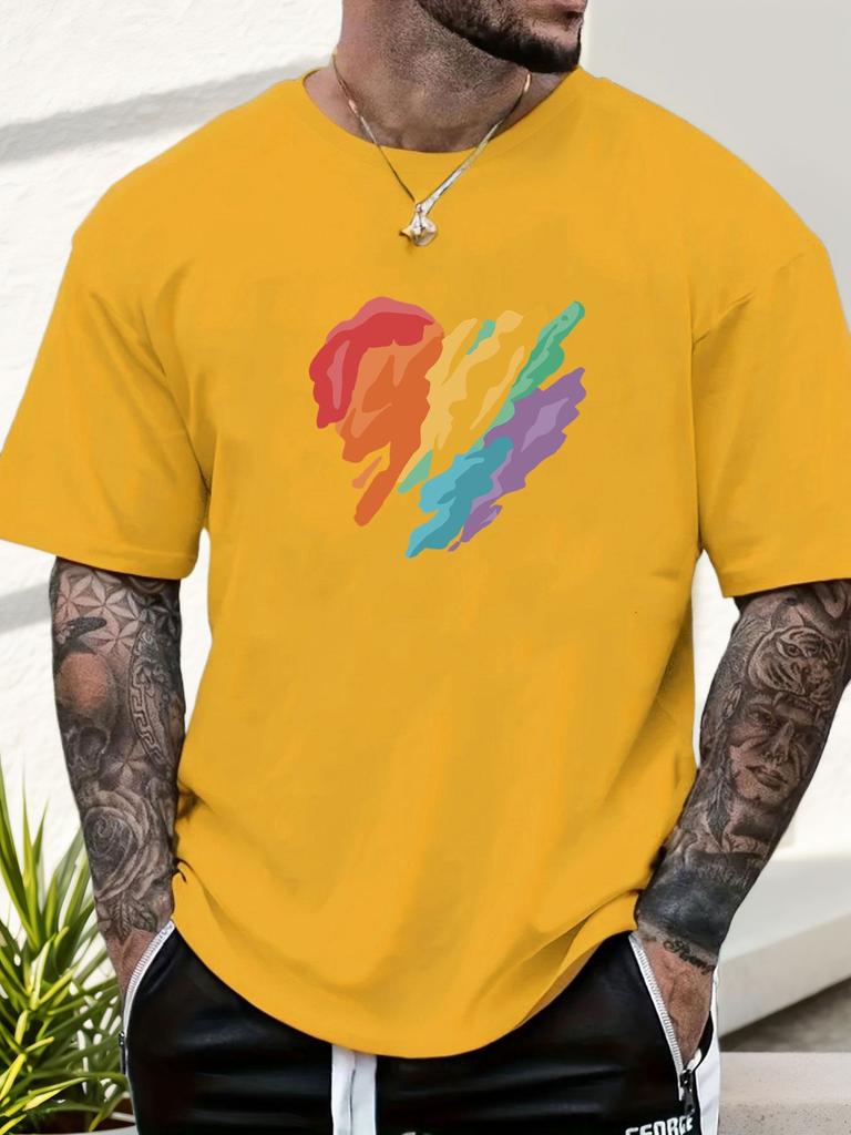 Mens Casual Tshirt Rainbow Heart Print Short Sleeve Round Neck Breathable Soft Oversized Vibrant Daily Wear Tee