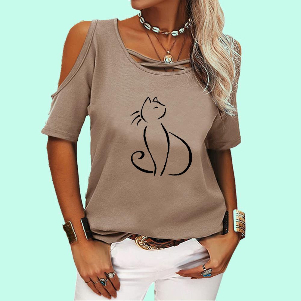 Women Fashion Cat Print Tee Shirt Female Spring Summer&fall Round Collar Off Shoulder Casual Short Sleeve T-shirt