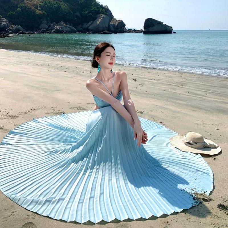 Super fairy pendulum atmosphere floral temperament waist thin pleated neck tube top suspender long skirt seaside vacation skirt
