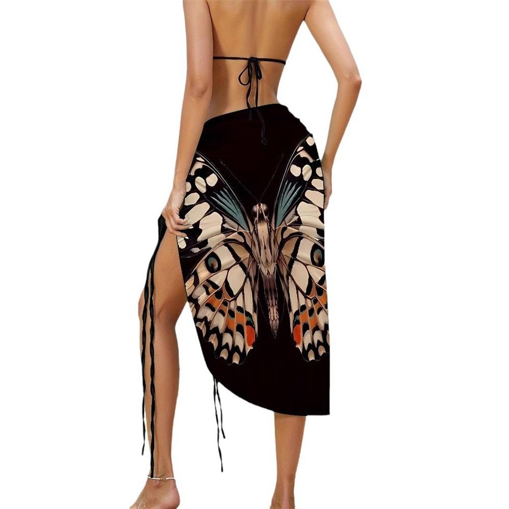 Animal butterfly print beach skirt, multiple ways to wear, cross-over irregular suspenders, seaside sun protection blouse