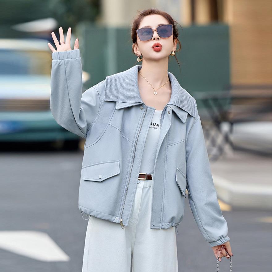 

Женская кожаная куртка с вязаным лацканом, весенняя новинка, ощущение дизайна, персонализированная, модная, повседневный топ XL синий